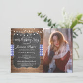 Birthday Party Blue Check Rustic Chalk Wood Photo Invitation (Standing Front)