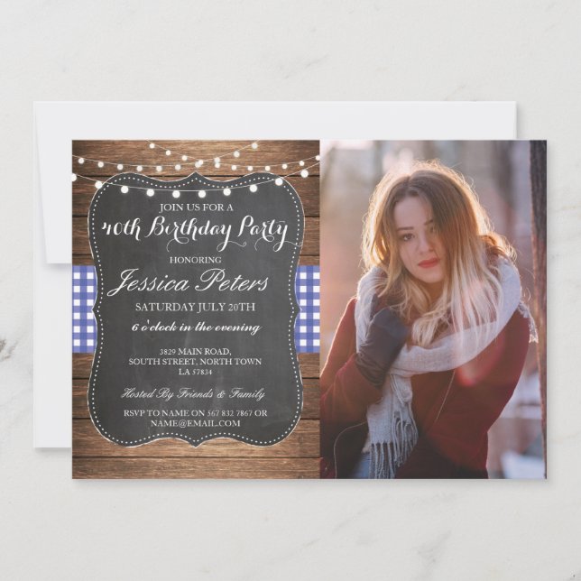 Birthday Party Blue Check Rustic Chalk Wood Photo Invitation (Front)
