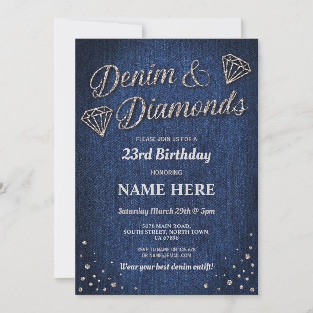 Birthday Party Blue Denim Silver Glitter Diamond Invitation (Front)