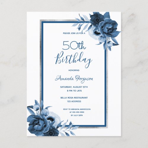 Birthday Party blue florals white invitation Postcard