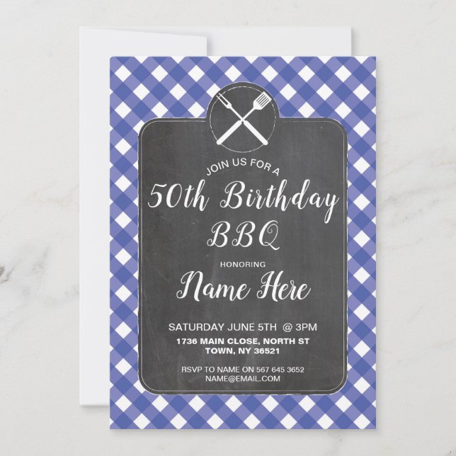 Birthday Party Blue Gingham Chalk BBQ Invite (Front)