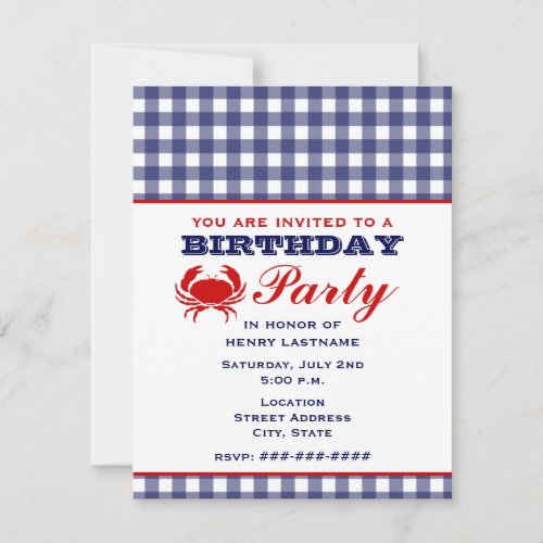 Birthday Party Blue Gingham &amp; Crab Personalized Invite
