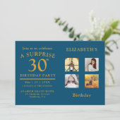 Birthday Party Blue Gold Photo Collage Invitation (Standing Front)