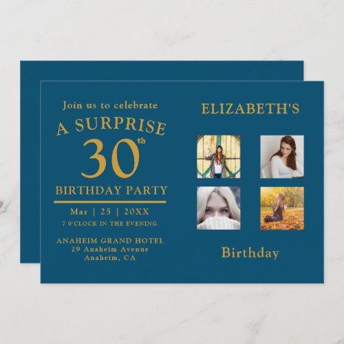 Birthday Party Blue Gold Photo Collage Invitation
