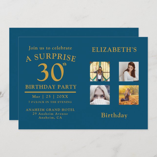 Birthday Party Blue Gold Photo Collage Invitation (Front/Back)