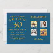 Birthday Party Blue Gold Photo Collage Invitation (Front)