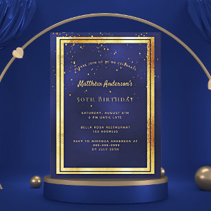 Birthday party blue gold shiny invitation postcard