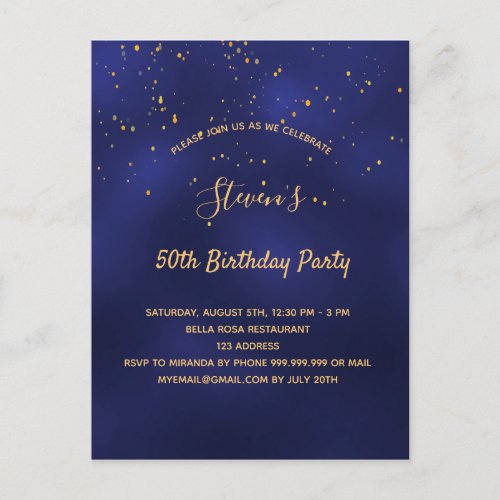 Birthday party blue gold simple invitation postcard