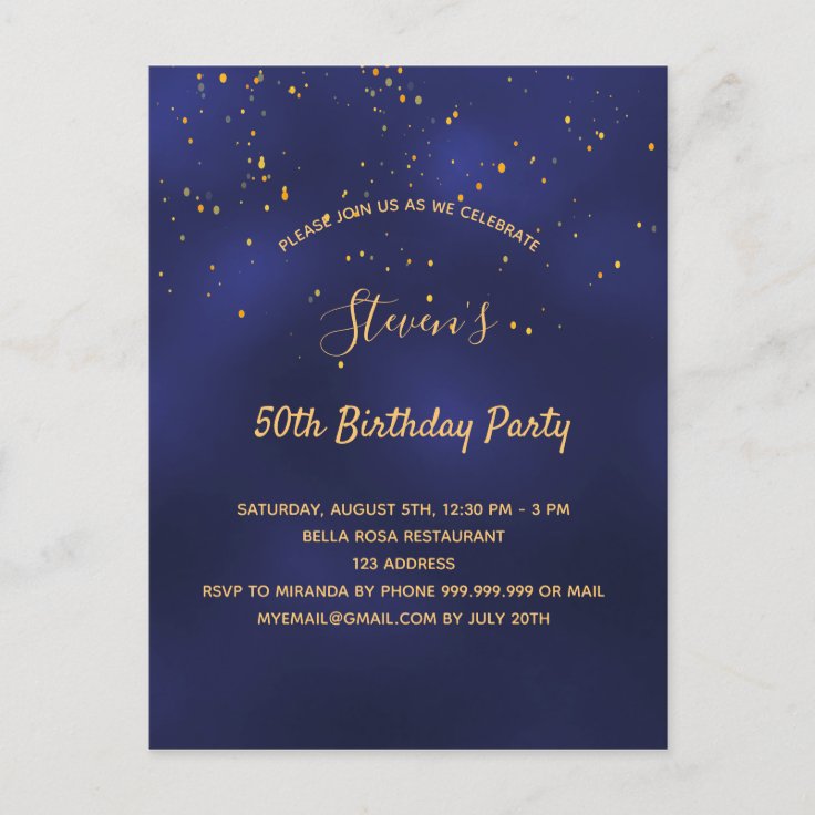 Birthday party blue gold simple invitation postcard | Zazzle