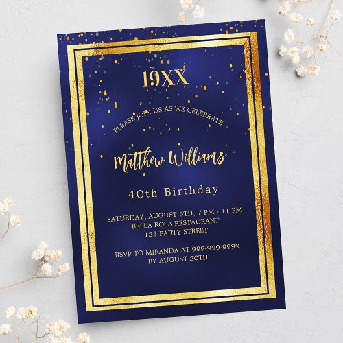 Birthday party blue gold year birth luxury invitation