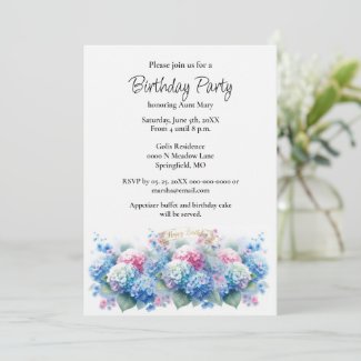 Birthday Party Blue Hydrangea Flower Invitation