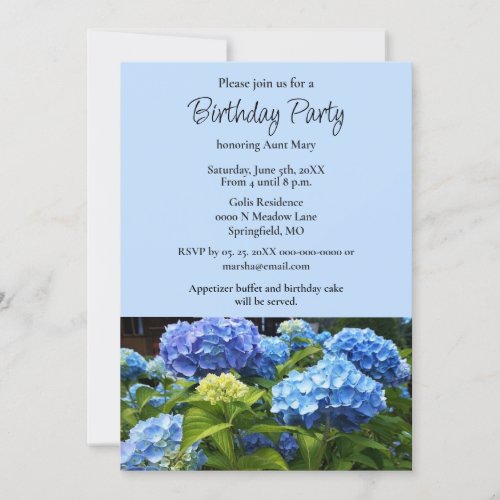 Birthday Party Blue Hydrangea Flower Invitation