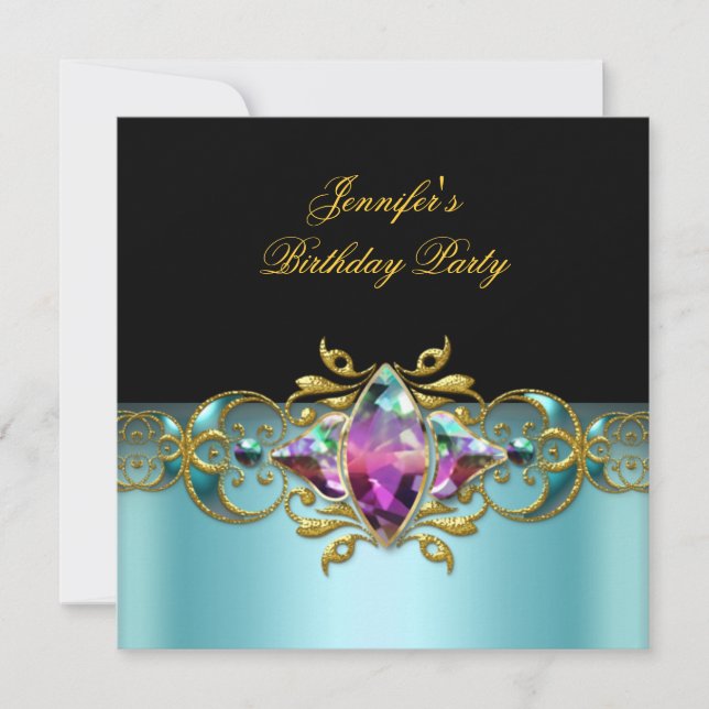 Birthday Party Blue Lilac Pink Black Ornate Image Invitation (Front)