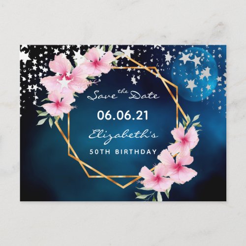 Birthday party blue moon pink floral Save the Date Postcard