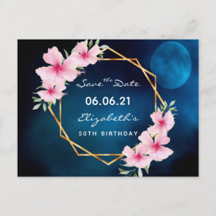 Birthday party blue moon pink floral Save the Date Postcard