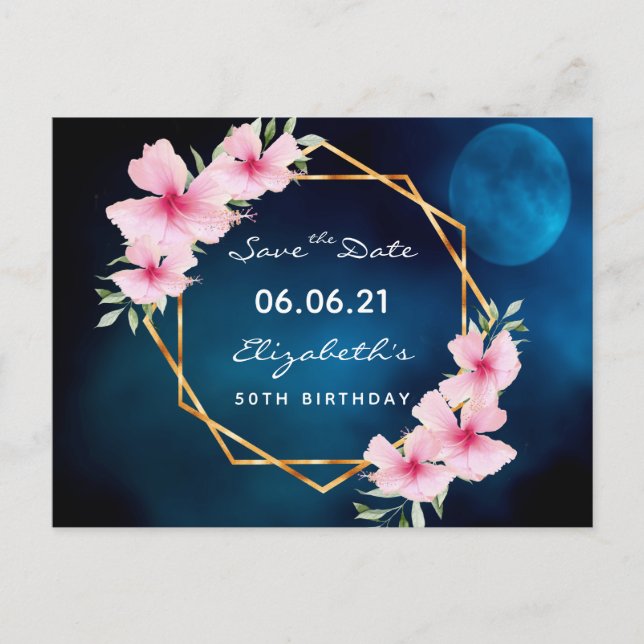 Birthday party blue moon pink floral Save the Date Postcard (Front)