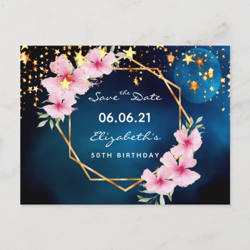 Birthday party blue moon pink floral Save the Date Postcard