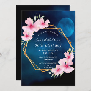 Birthday party blue moon pink florals geometric invitation