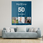 Birthday party blue photo name man tapestry<br><div class="desc">For a 50th (or any age) birthday party. A collage of 3 of your photos of himself friends,  family,  interest or pets.  Personalize and add his name,  age 50 and a date.  Blue background. Date of birth or the date of the birthday party.  White colored text.</div>
