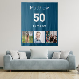 Birthday party blue photo name man tapestry