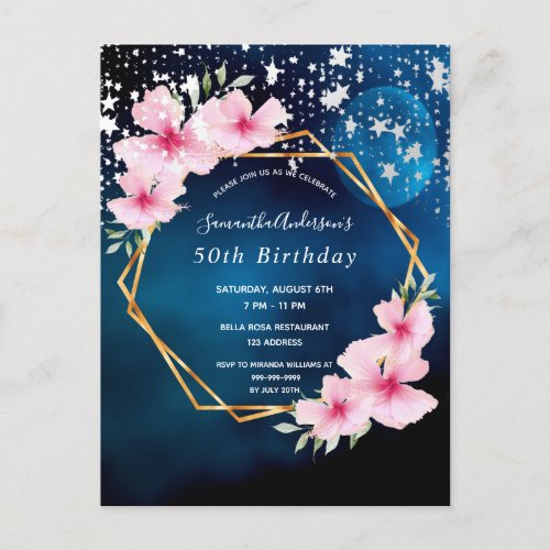 Birthday party blue pink florals invitation postcard