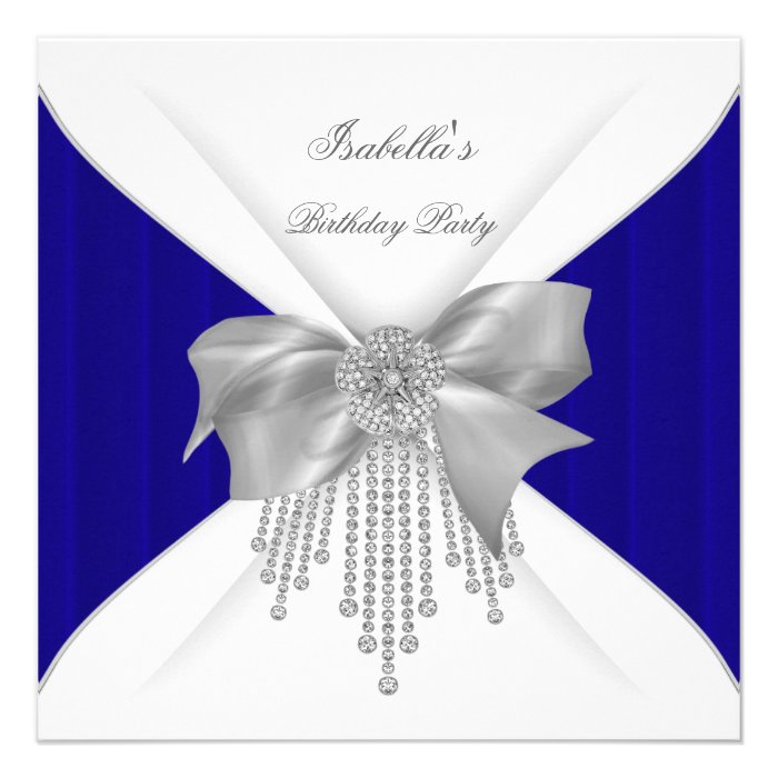 Birthday Party Blue Royal Silver White Diamond Bow Invitation