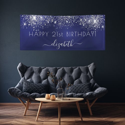 Birthday party blue silver glitter dust name banner