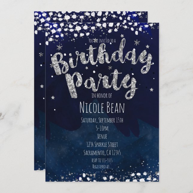 Birthday Party Blue & Silver Starry Invitations (Front/Back)