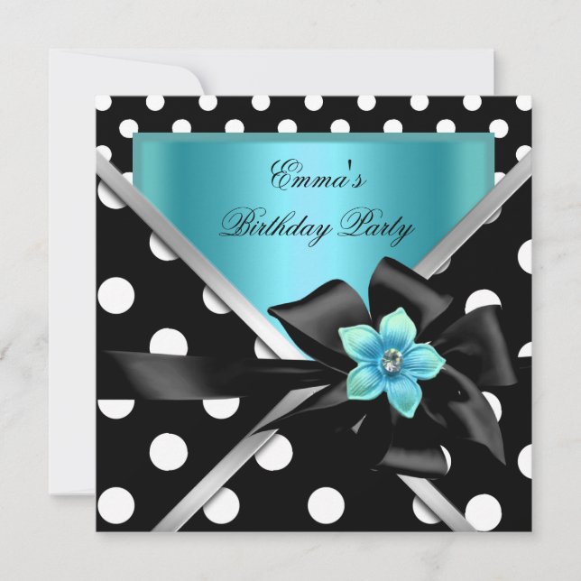 Birthday Party Blue Teal Black Polka Dots Invitation (Front)