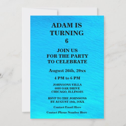 Birthday Party Blue Water Personalized Name Unique Invitation