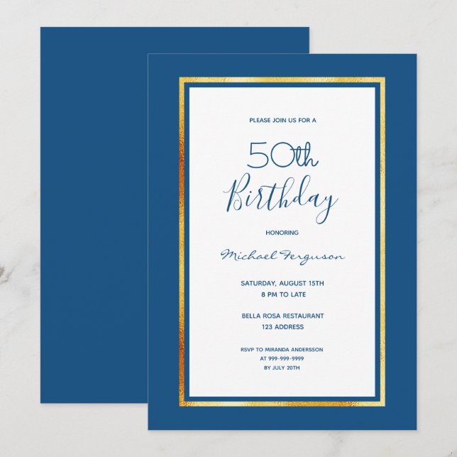 Birthday party blue white gold minimalist invitation (Front/Back)
