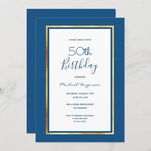 Birthday party blue white gold minimalist invitation