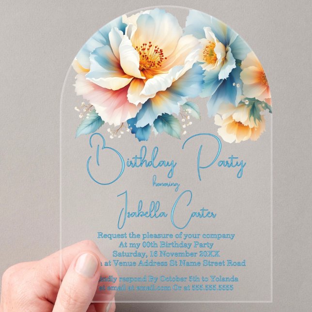 Birthday Party Blue Yellow White Flowers Acrylic Invitations (Creator Uploaded)