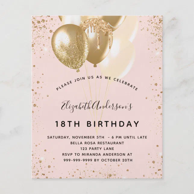 Birthday party blush gold glitter balloons budget flyer | Zazzle