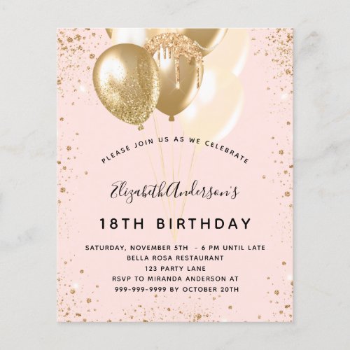 Birthday party blush gold glitter balloons budget flyer