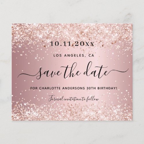 Birthday party blush pink budget save the date flyer