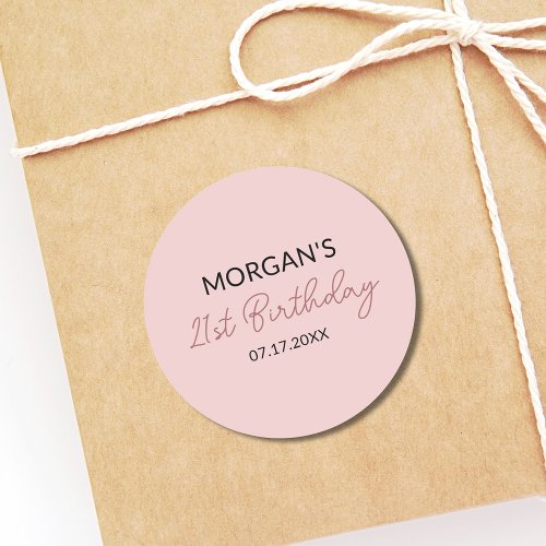 Birthday Party Blush Pink Cute Name Classic Round Sticker