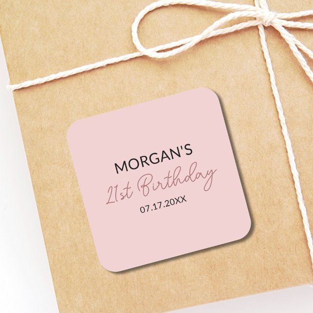 Birthday Party Blush Pink Cute Name Square Sticker (Creator Uploaded)