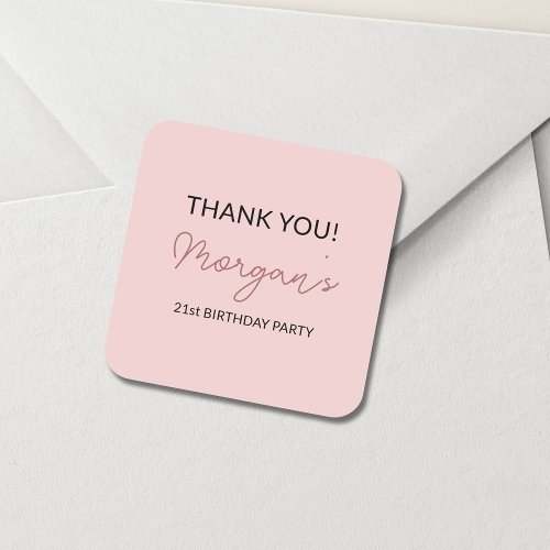 Birthday Party Blush Pink Cute Thank You Square Sticker