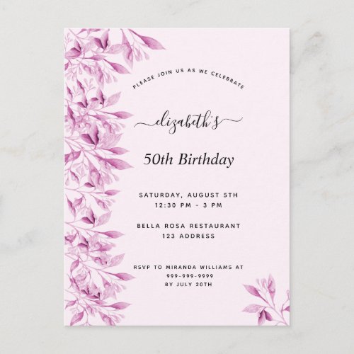 Birthday party blush pink florals botanical modern postcard