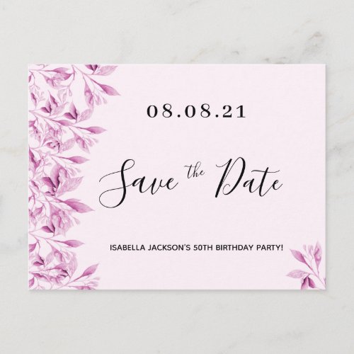 Birthday party blush pink florals save the date postcard