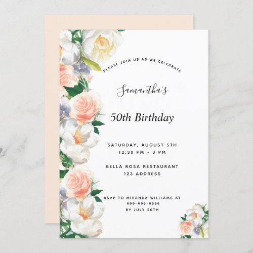 Birthday party blush pink florals white invitation