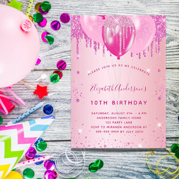 Birthday Party Blush Pink Glitter Balloons Girl  Invitation by Thunes at Zazzle