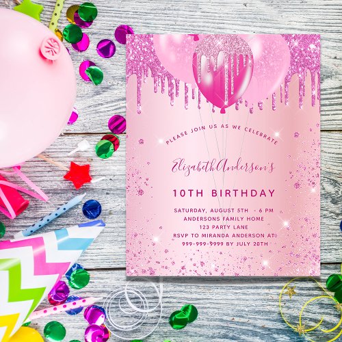 Birthday party blush pink glitter balloons girl invitation postcard