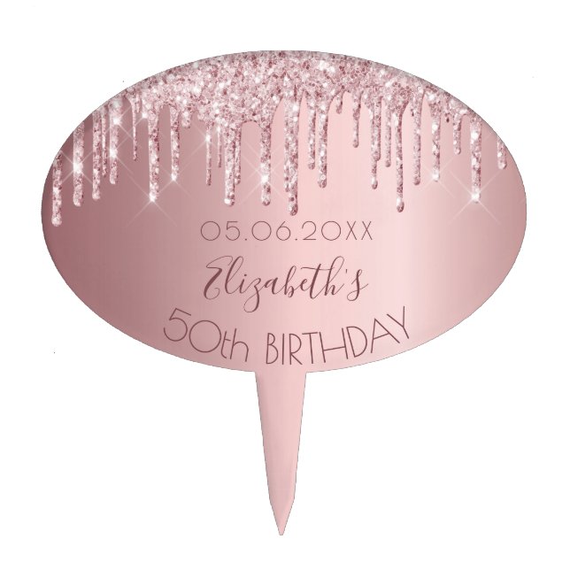 Birthday party blush pink glitter drips monogram cake topper (Front)