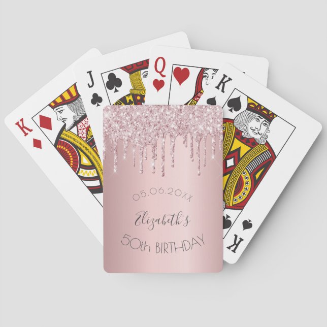 Birthday party blush pink glitter drips monogram poker cards (Back)