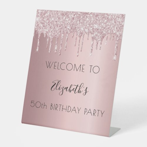 Birthday party blush pink glitter drips welcome pedestal sign