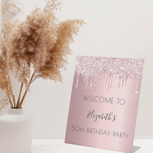 Birthday party blush pink glitter drips welcome pedestal sign
