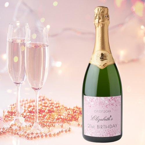 Birthday party blush pink glitter dust name sparkling wine label