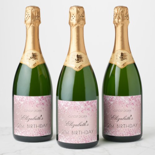 Birthday party blush pink glitter dusty name sparkling wine label